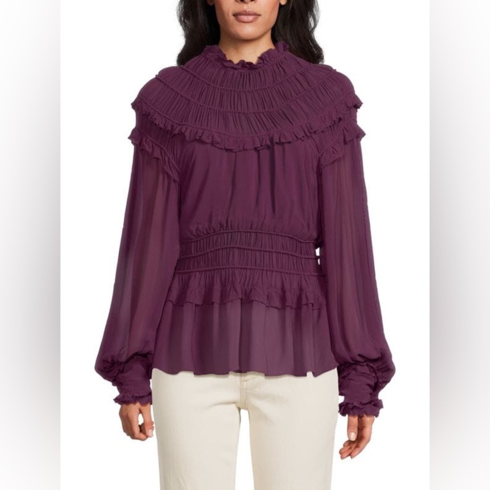 NWT Gorgeous FARM Rio Lightweight Ruffled Burgundy Peplum Top. Size XS.